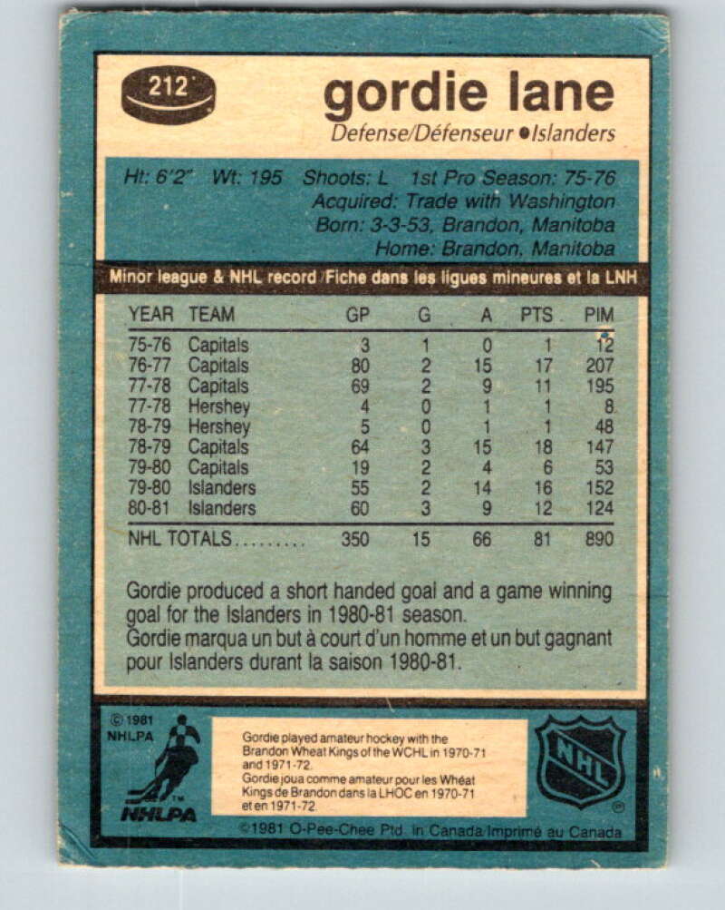 1981-82 O-Pee-Chee #212 Gord Lane New York Islanders V30986