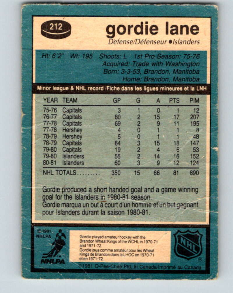 1981-82 O-Pee-Chee #212 Gord Lane New York Islanders V30987