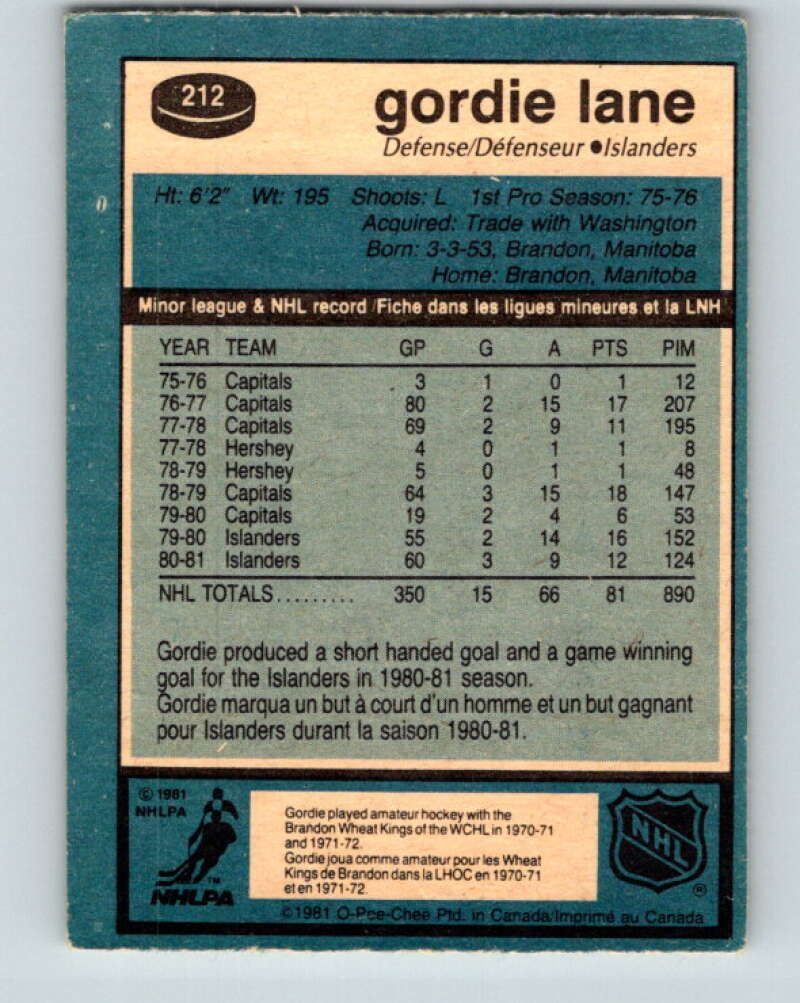 1981-82 O-Pee-Chee #212 Gord Lane New York Islanders V30989