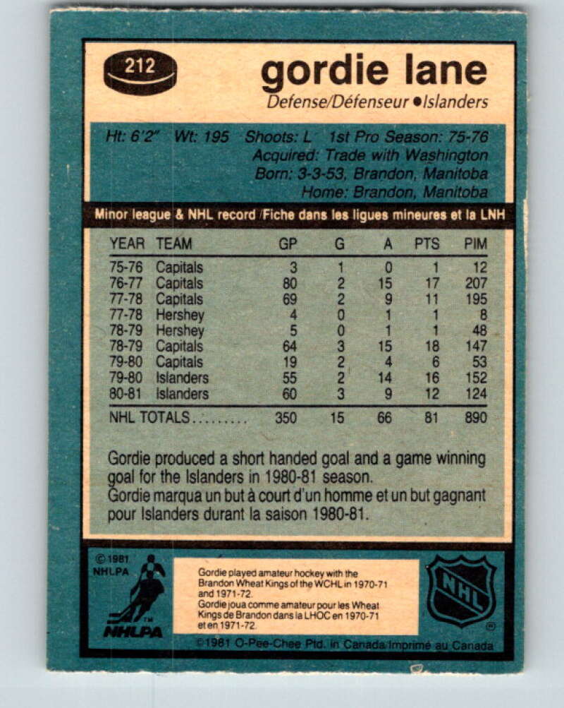 1981-82 O-Pee-Chee #212 Gord Lane New York Islanders V30990