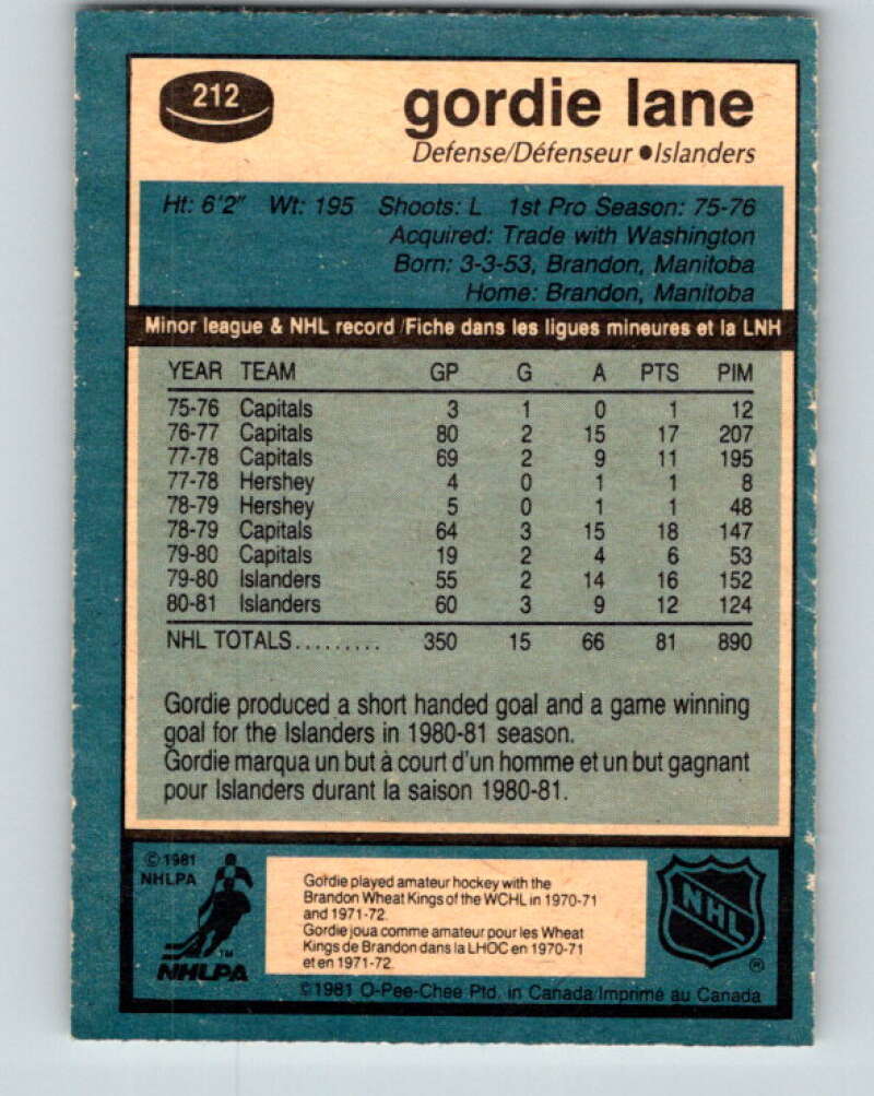 1981-82 O-Pee-Chee #212 Gord Lane New York Islanders V30992