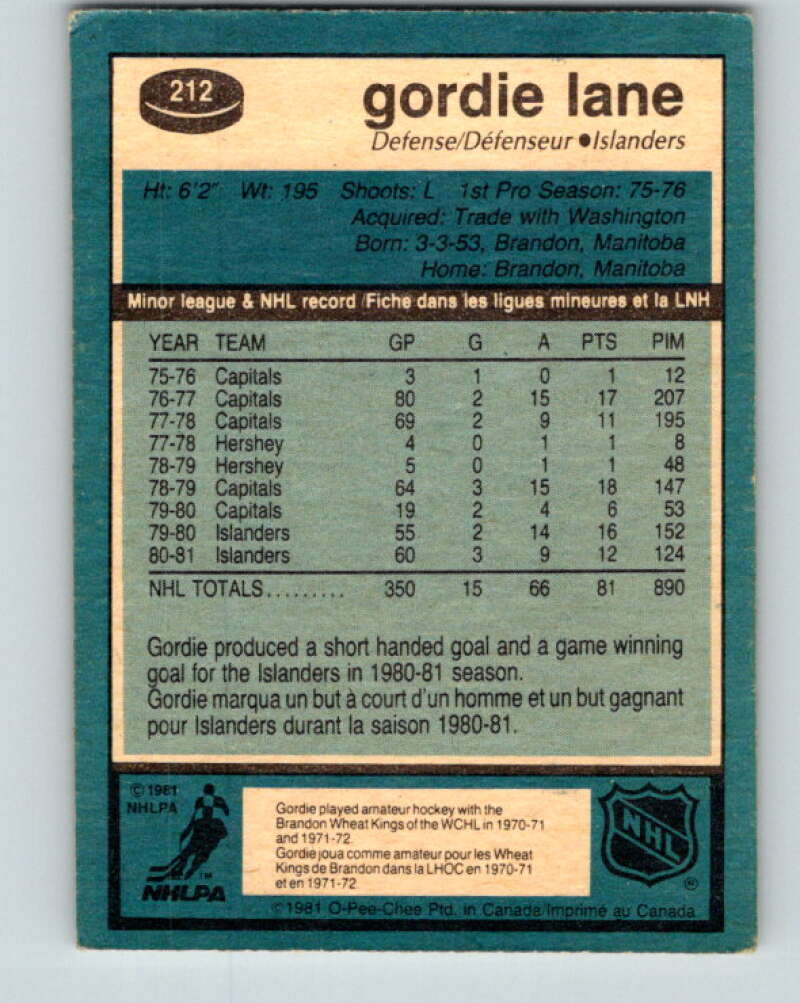 1981-82 O-Pee-Chee #212 Gord Lane New York Islanders V30993
