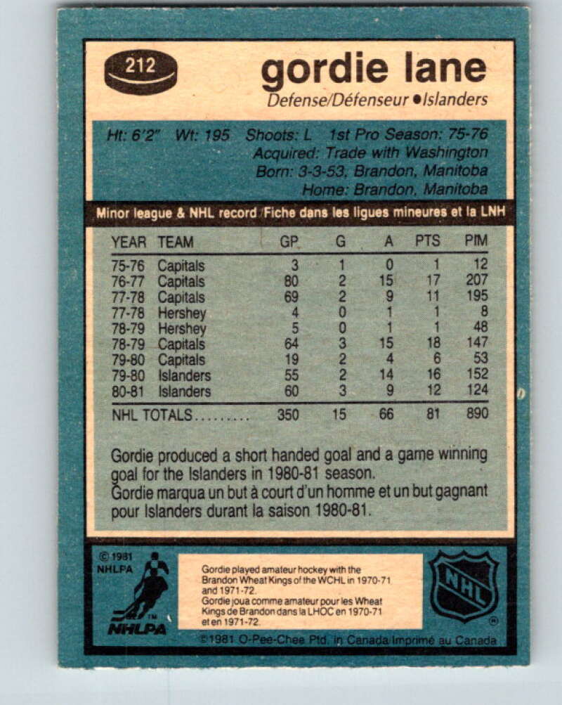 1981-82 O-Pee-Chee #212 Gord Lane New York Islanders V30995