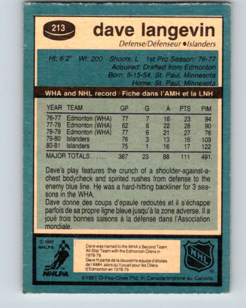 1981-82 O-Pee-Chee #213 Dave Langevin New York Islanders V30996