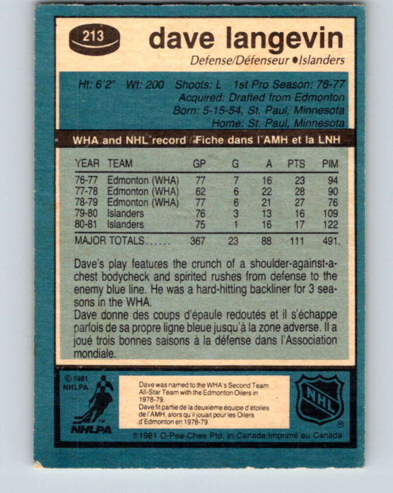 1981-82 O-Pee-Chee #213 Dave Langevin New York Islanders V30997