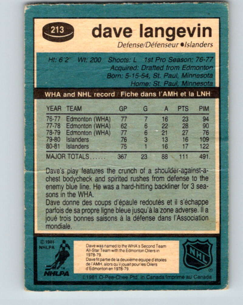 1981-82 O-Pee-Chee #213 Dave Langevin New York Islanders V30999