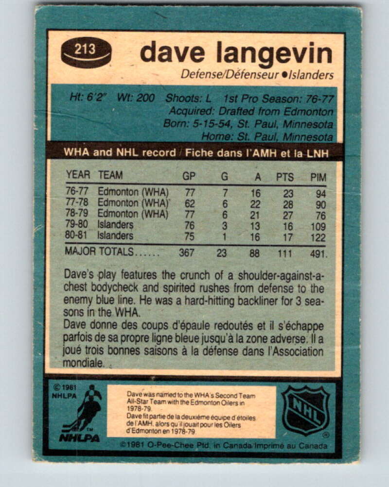 1981-82 O-Pee-Chee #213 Dave Langevin New York Islanders V31000