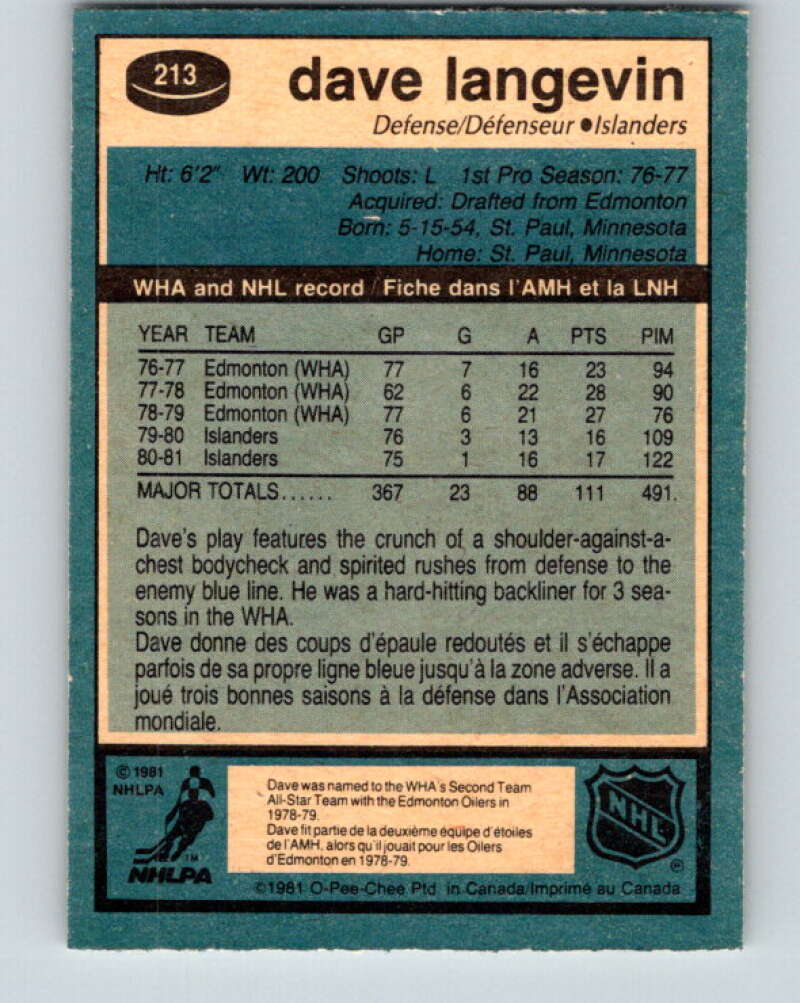 1981-82 O-Pee-Chee #213 Dave Langevin New York Islanders V31001