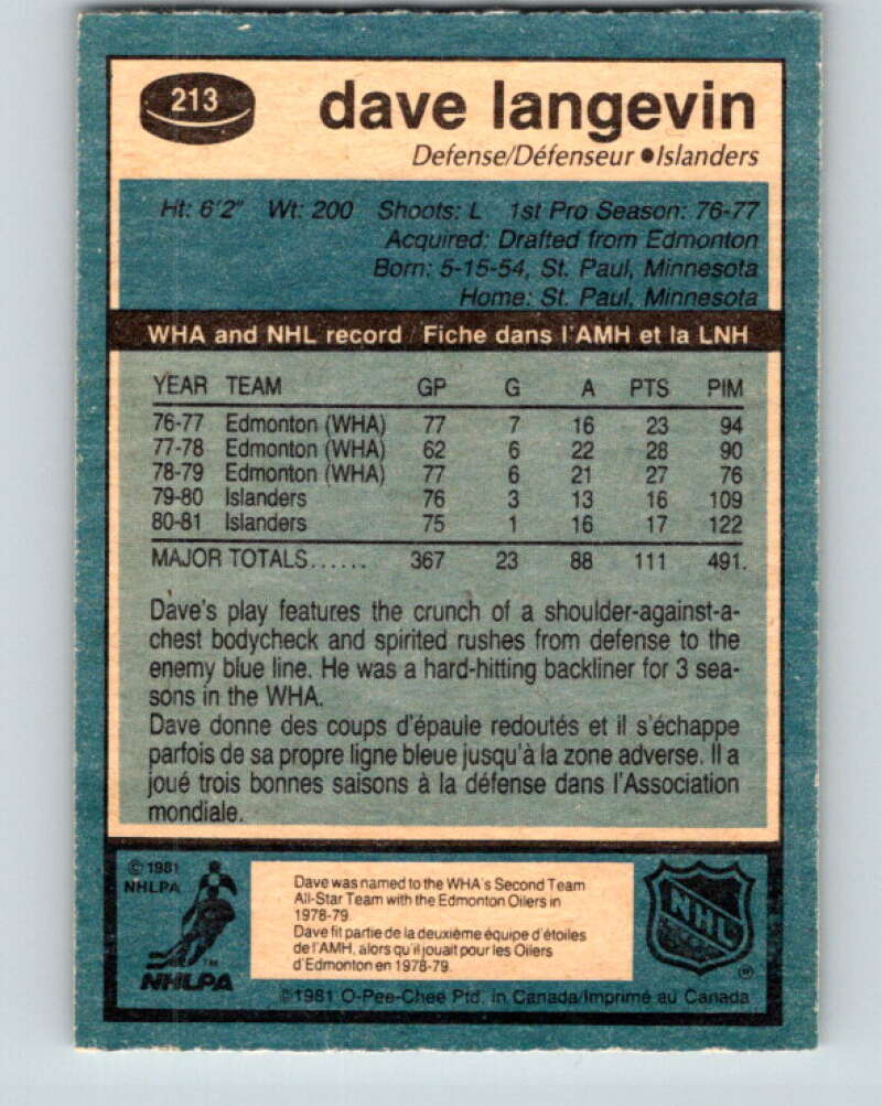1981-82 O-Pee-Chee #213 Dave Langevin New York Islanders V31002