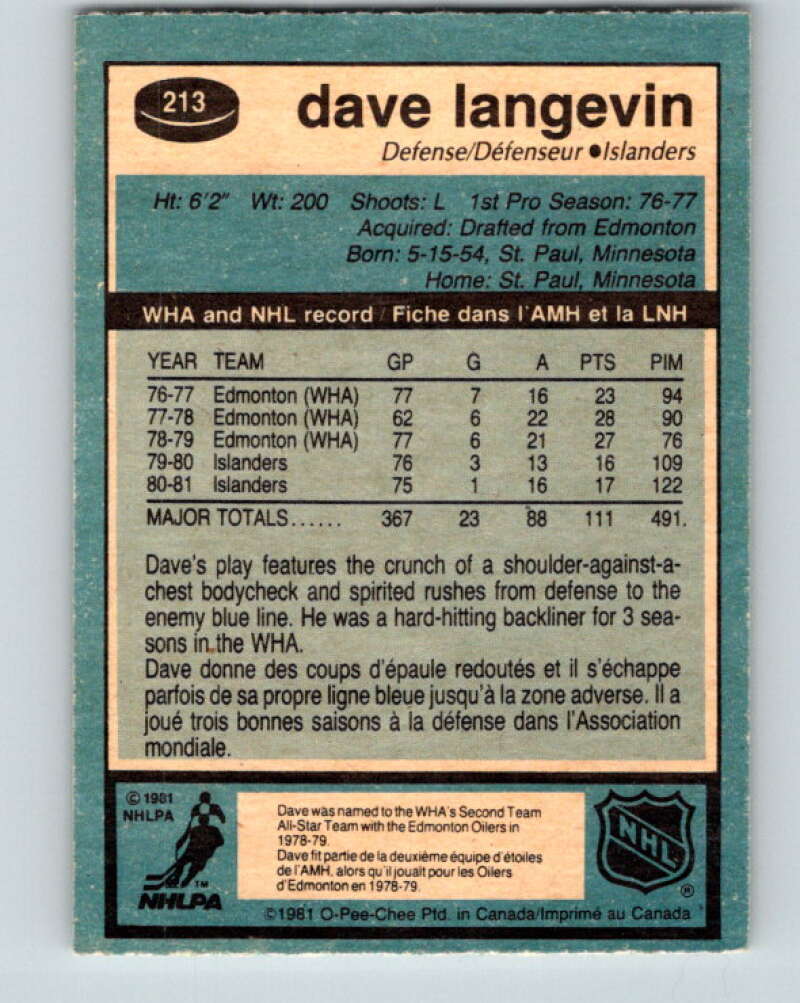 1981-82 O-Pee-Chee #213 Dave Langevin New York Islanders V31003