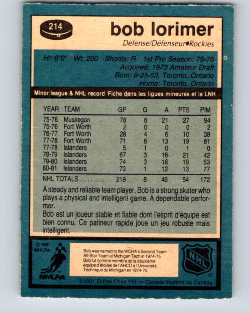 1981-82 O-Pee-Chee #214 Bob Lorimer Colorado Rockies V31004