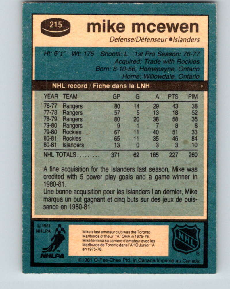 1981-82 O-Pee-Chee #215 Mike McEwen New York Islanders V31014