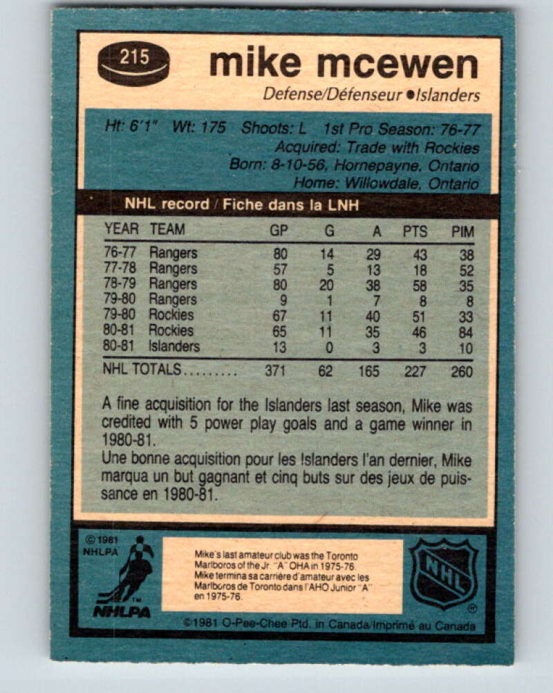 1981-82 O-Pee-Chee #215 Mike McEwen New York Islanders V31015