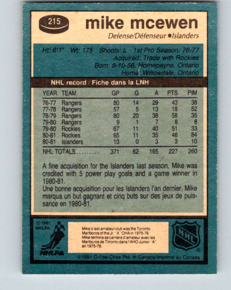 1981-82 O-Pee-Chee #215 Mike McEwen New York Islanders V31017