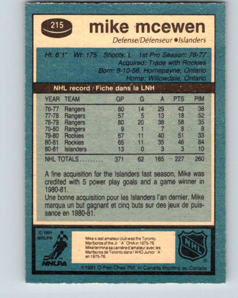 1981-82 O-Pee-Chee #215 Mike McEwen New York Islanders V31019