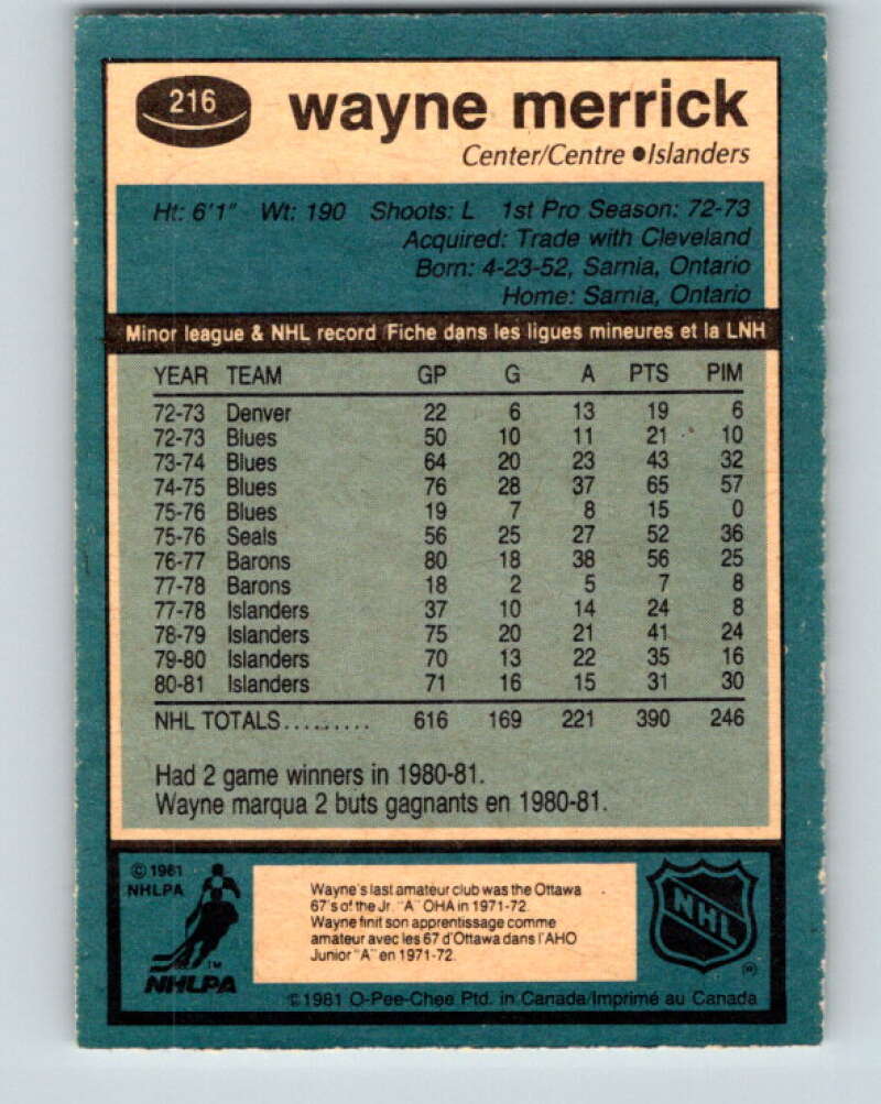 1981-82 O-Pee-Chee #216 Wayne Merrick New York Islanders V31021