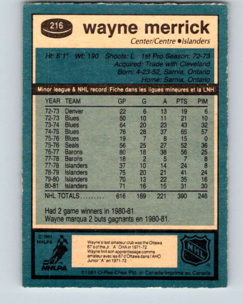 1981-82 O-Pee-Chee #216 Wayne Merrick New York Islanders V31025