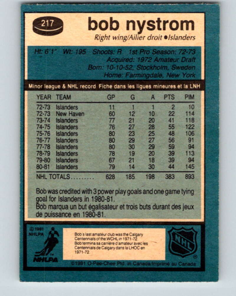 1981-82 O-Pee-Chee #217 Bob Nystrom New York Islanders V31028