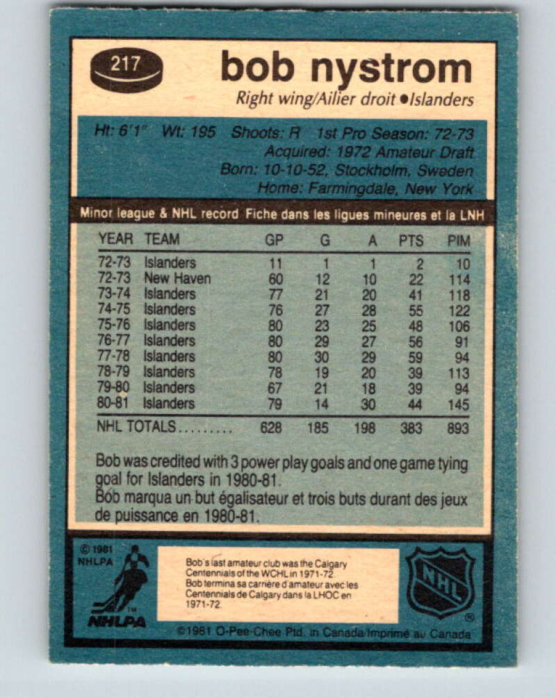 1981-82 O-Pee-Chee #217 Bob Nystrom New York Islanders V31029