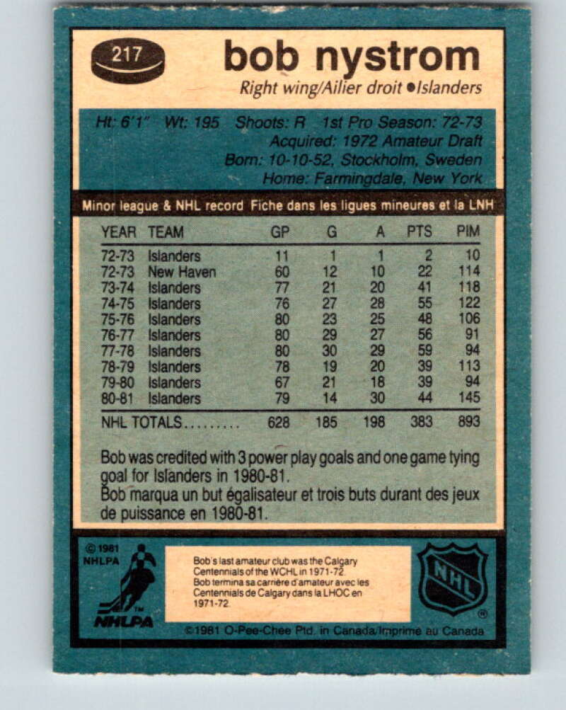 1981-82 O-Pee-Chee #217 Bob Nystrom New York Islanders V31030