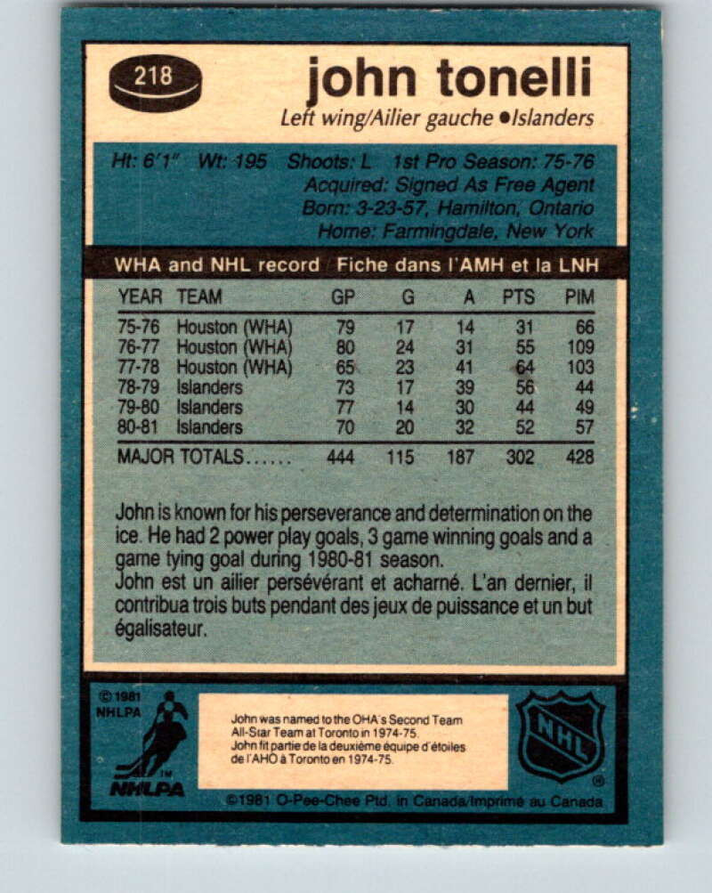 1981-82 O-Pee-Chee #218 John Tonelli New York Islanders V31032