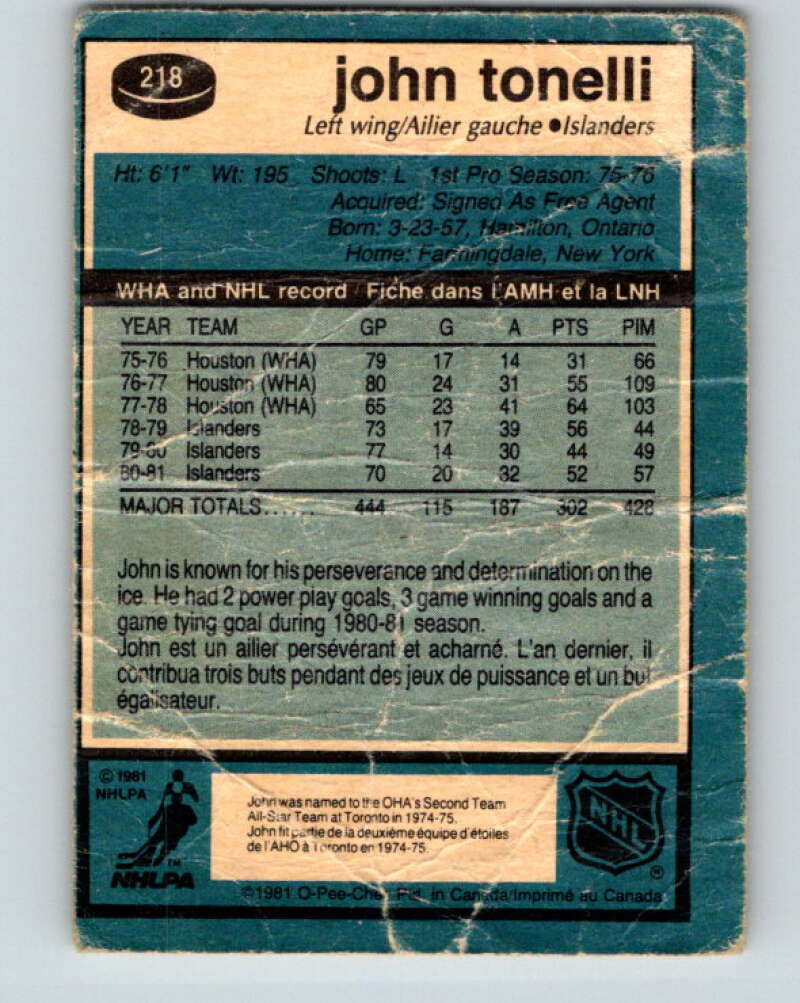 1981-82 O-Pee-Chee #218 John Tonelli New York Islanders V31033