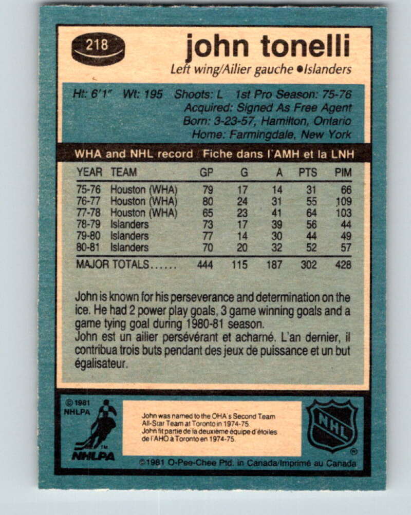 1981-82 O-Pee-Chee #218 John Tonelli New York Islanders V31041