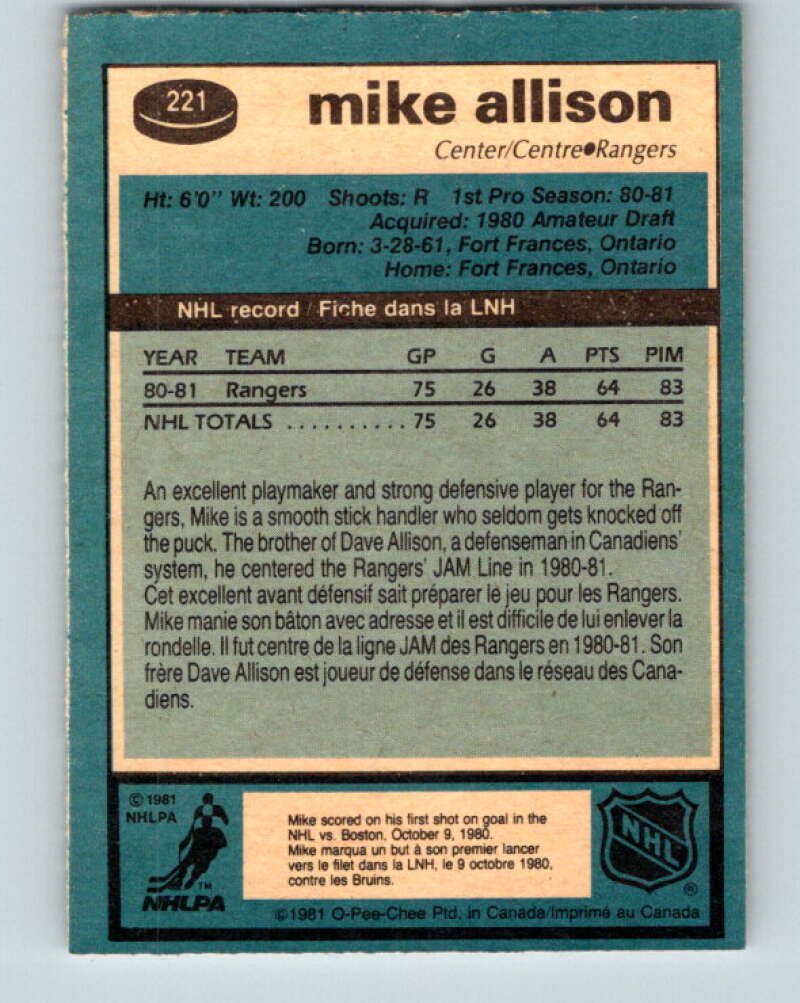 1981-82 O-Pee-Chee #221 Mike Allison RC Rookie New York Rangers V31064