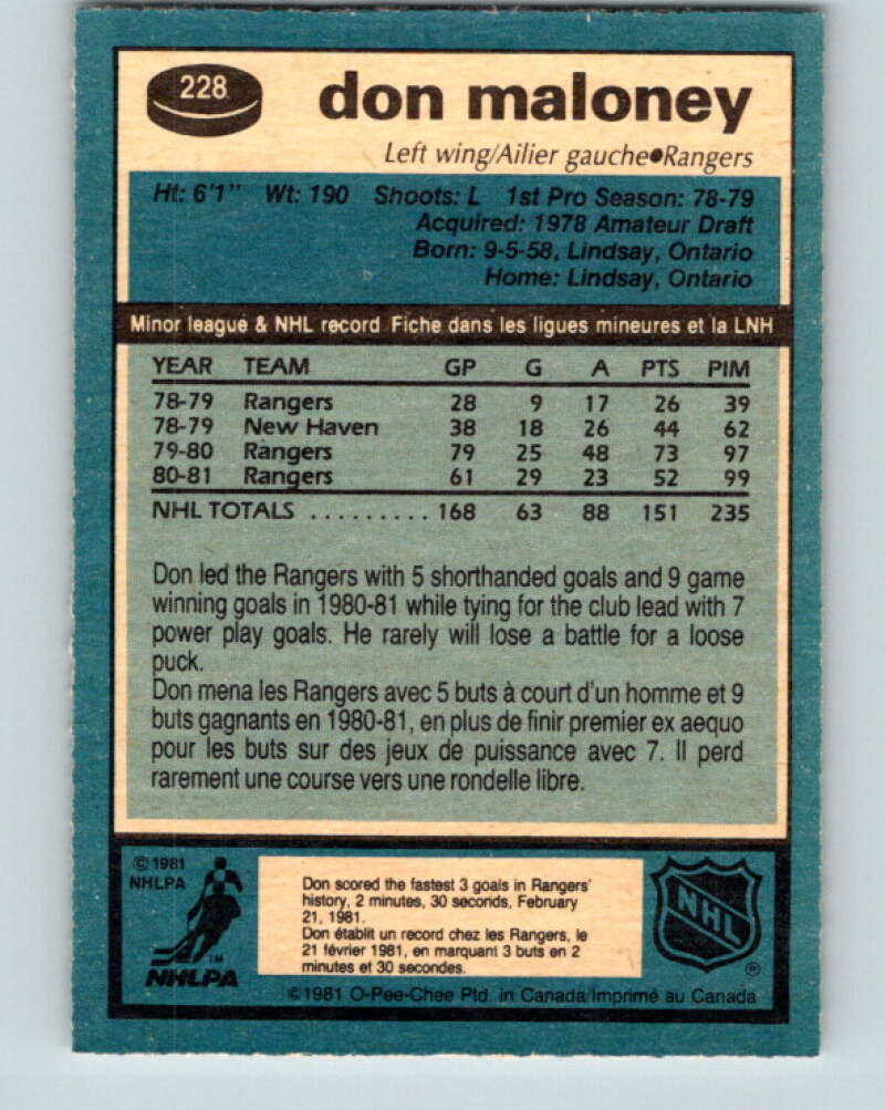 1981-82 O-Pee-Chee #228 Don Maloney New York Rangers V31107