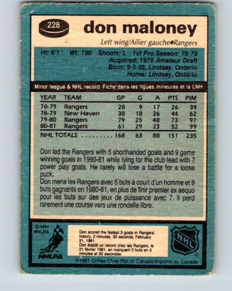 1981-82 O-Pee-Chee #228 Don Maloney New York Rangers V31109