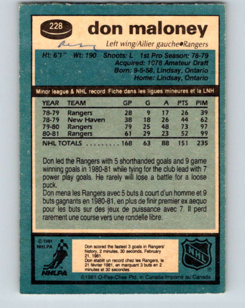 1981-82 O-Pee-Chee #228 Don Maloney New York Rangers V31110