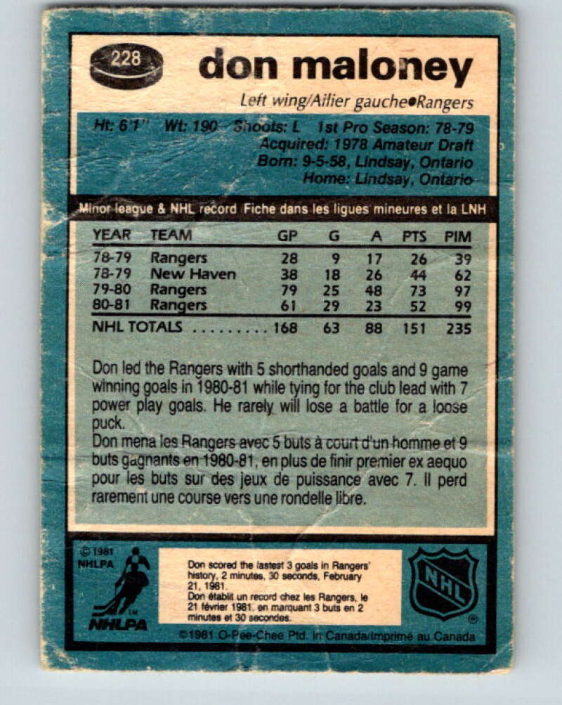 1981-82 O-Pee-Chee #228 Don Maloney New York Rangers V31111