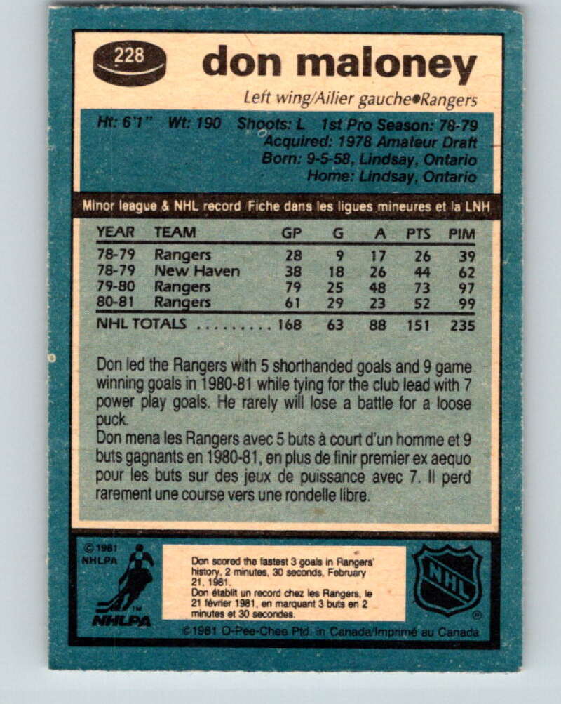 1981-82 O-Pee-Chee #228 Don Maloney New York Rangers V31114