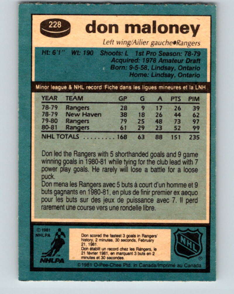 1981-82 O-Pee-Chee #228 Don Maloney New York Rangers V31117