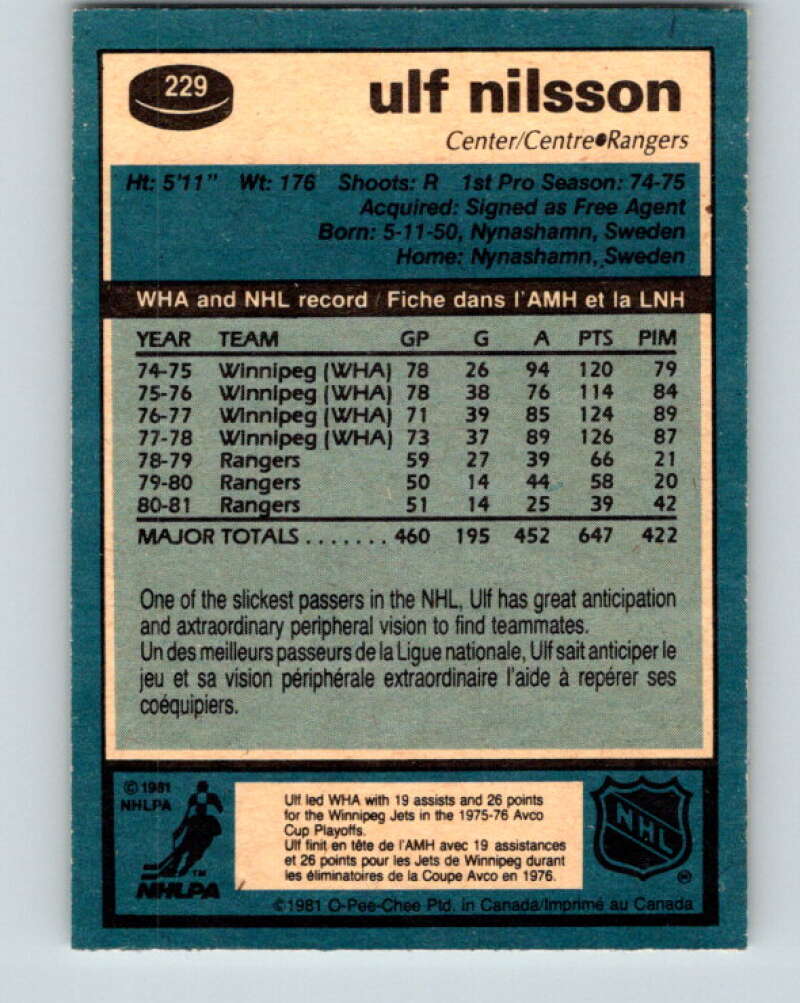 1981-82 O-Pee-Chee #229 Ulf Nilsson New York Rangers V31121