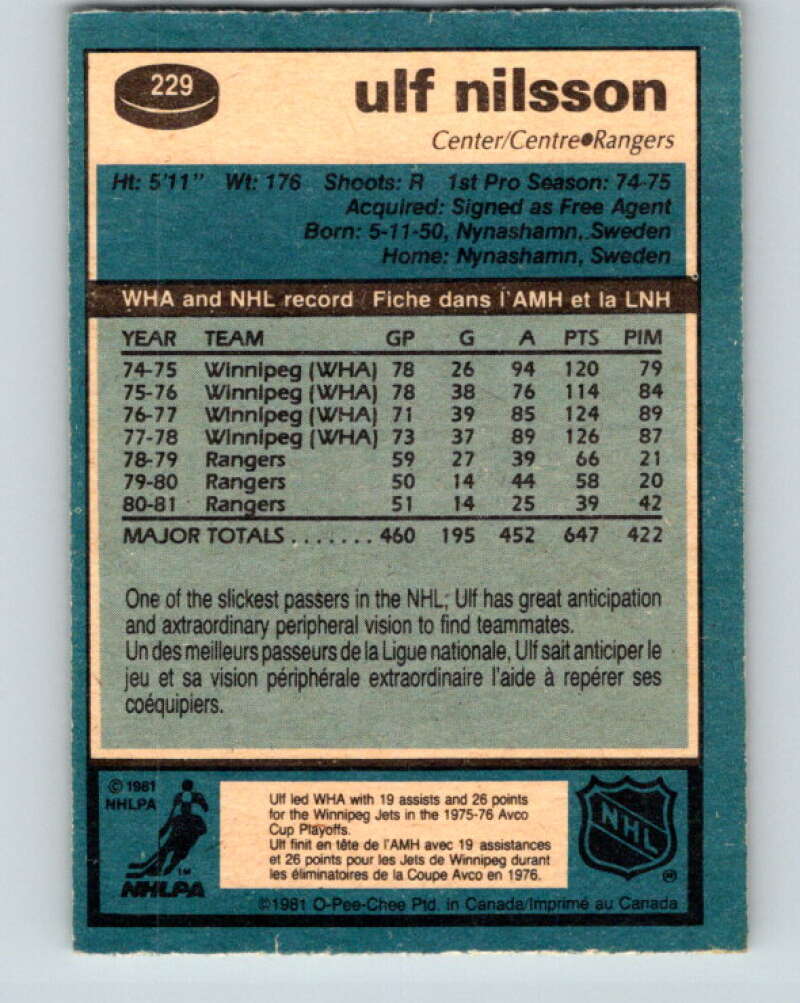 1981-82 O-Pee-Chee #229 Ulf Nilsson New York Rangers V31124