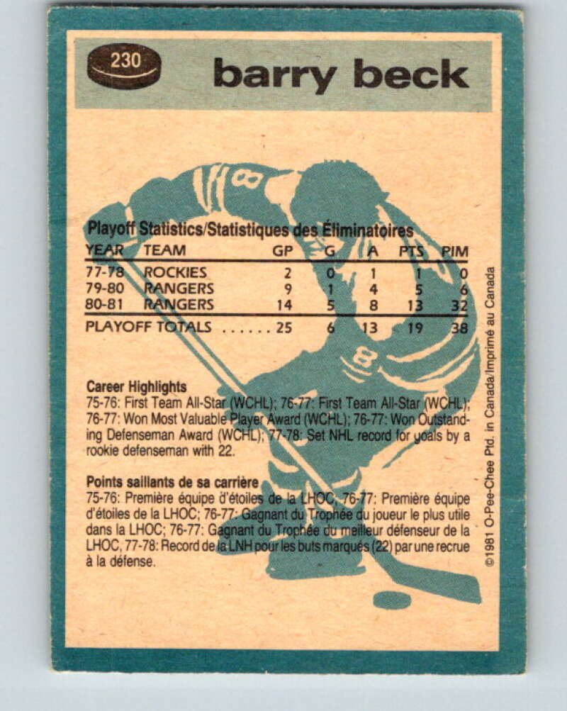 1981-82 O-Pee-Chee #230 Barry Beck New York Rangers V31127