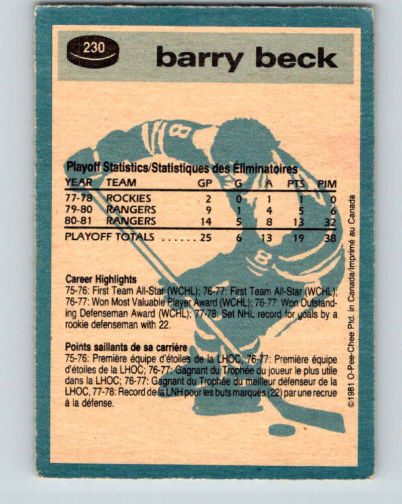 1981-82 O-Pee-Chee #230 Barry Beck New York Rangers V31130