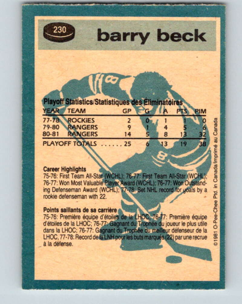 1981-82 O-Pee-Chee #230 Barry Beck New York Rangers V31131
