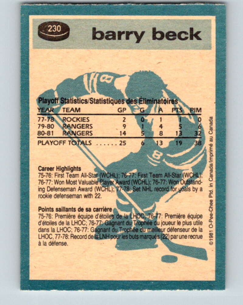 1981-82 O-Pee-Chee #230 Barry Beck New York Rangers V31132