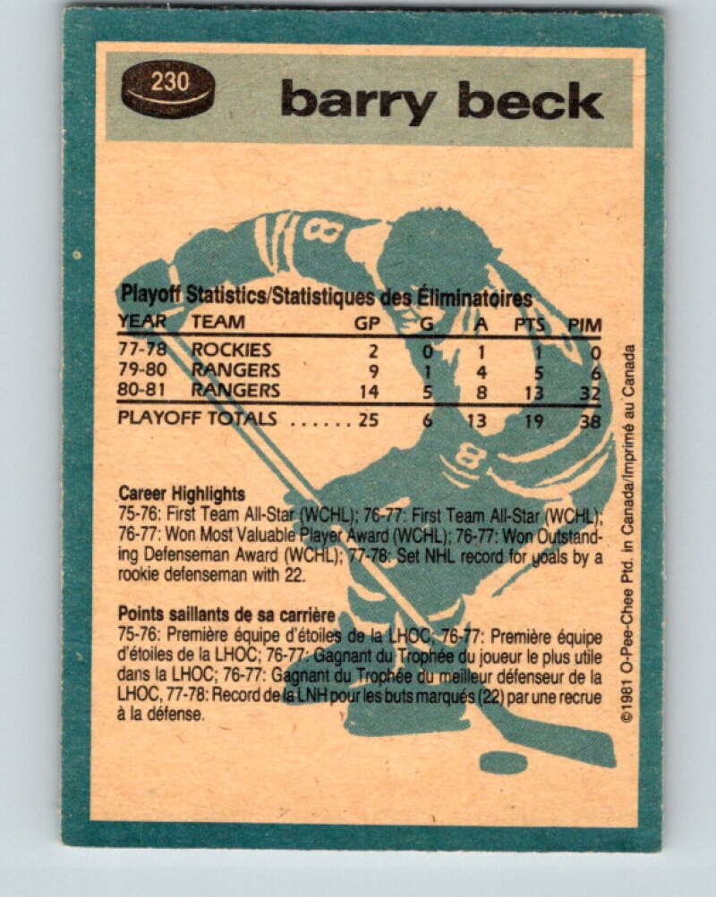 1981-82 O-Pee-Chee #230 Barry Beck New York Rangers V31133
