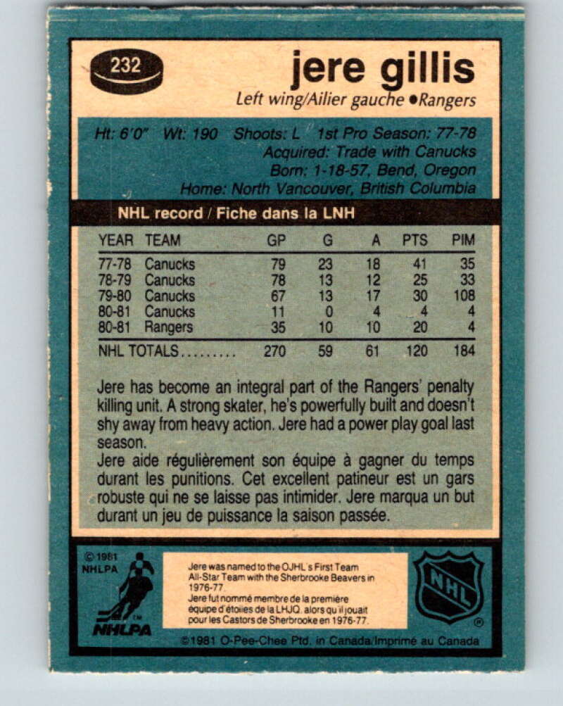 1981-82 O-Pee-Chee #232 Jere Gillis New York Rangers V31144