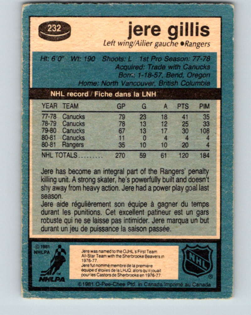1981-82 O-Pee-Chee #232 Jere Gillis New York Rangers V31145