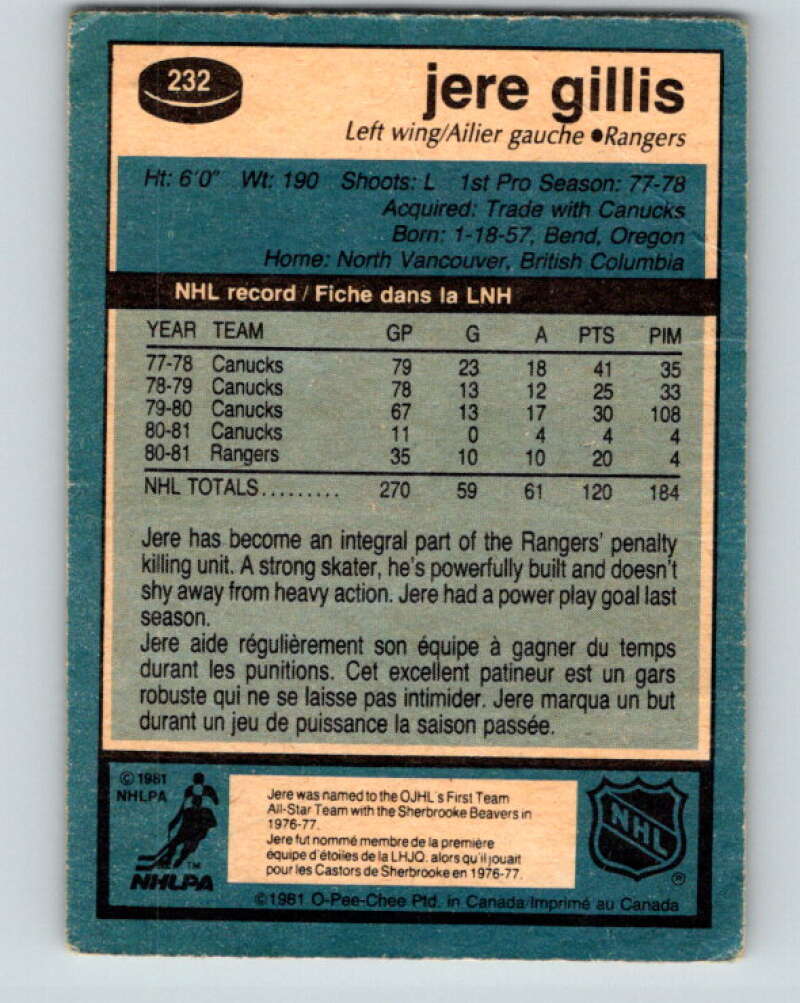 1981-82 O-Pee-Chee #232 Jere Gillis New York Rangers V31147