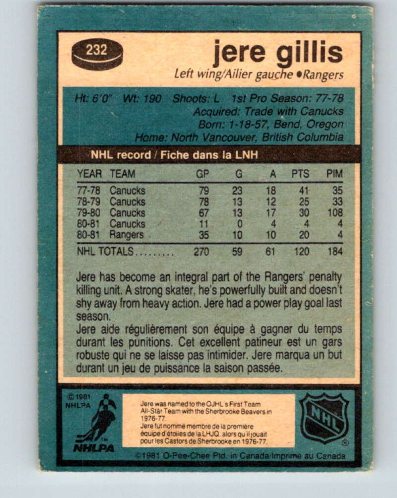 1981-82 O-Pee-Chee #232 Jere Gillis New York Rangers V31150