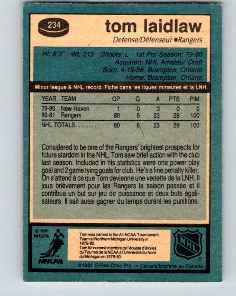 1981-82 O-Pee-Chee #234 Tom Laidlaw RC Rookie New York Rangers V31162