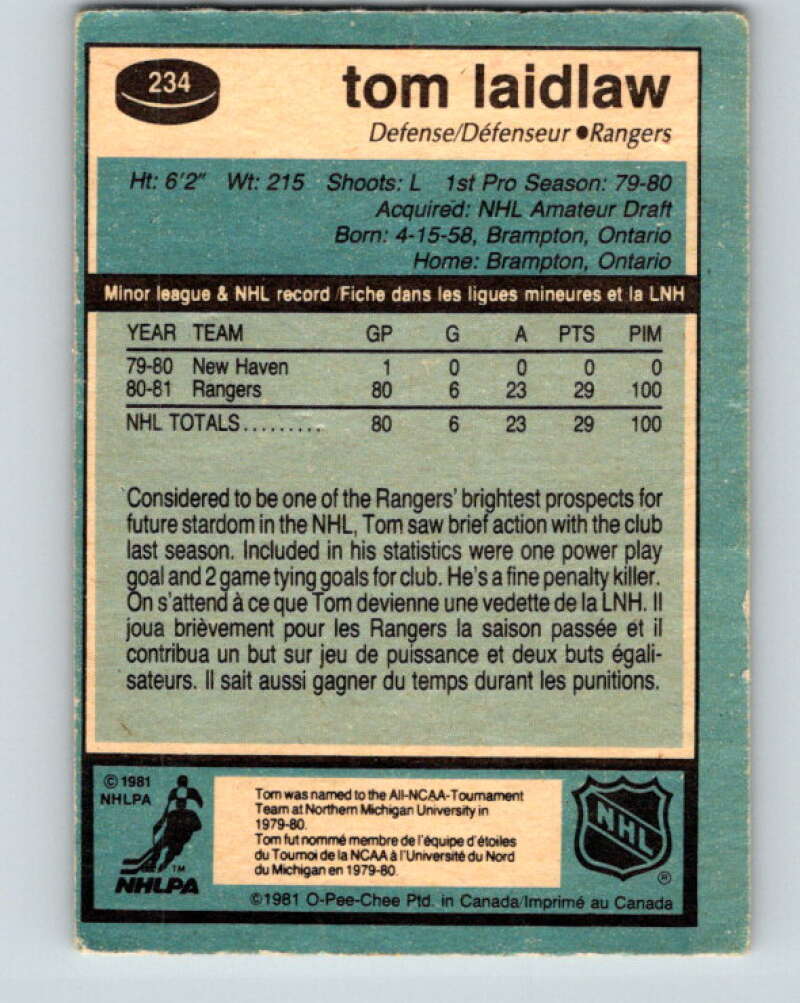 1981-82 O-Pee-Chee #234 Tom Laidlaw RC Rookie New York Rangers V31163