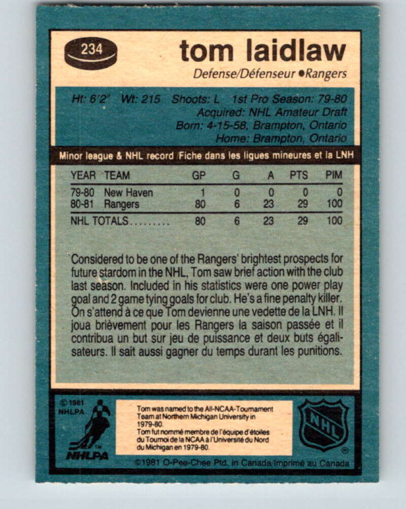 1981-82 O-Pee-Chee #234 Tom Laidlaw RC Rookie New York Rangers V31167
