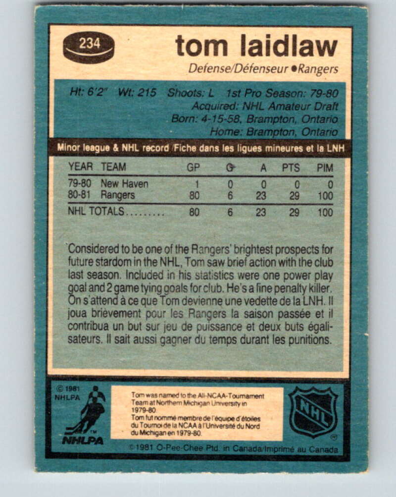 1981-82 O-Pee-Chee #234 Tom Laidlaw RC Rookie New York Rangers V31168