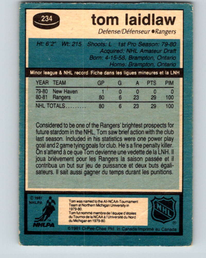1981-82 O-Pee-Chee #234 Tom Laidlaw RC Rookie New York Rangers V31169